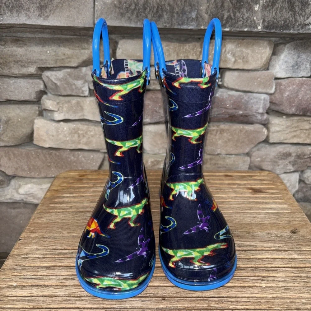 Zoogs Toddler Pull On Handle Rain Boots Dinosaur Print Blue Size 8
